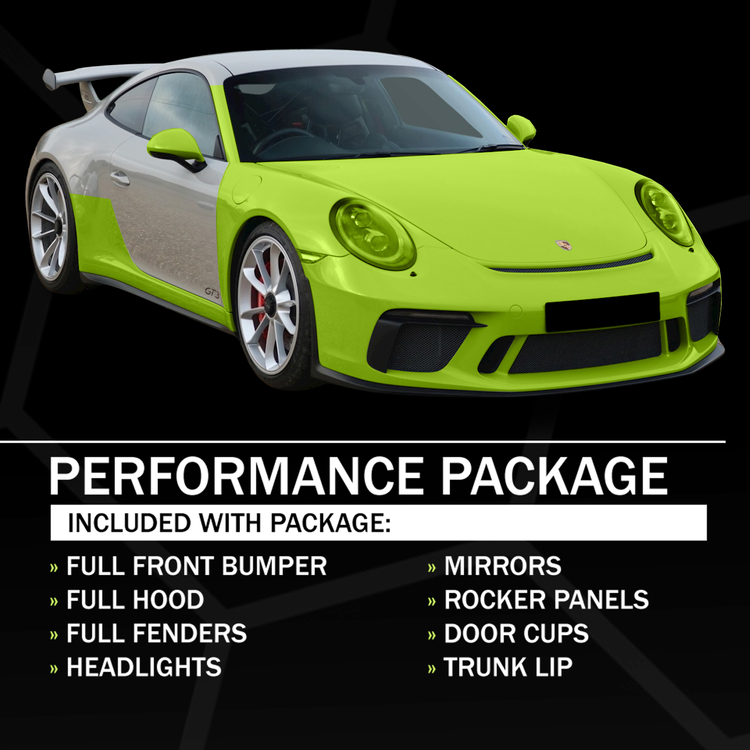 Diagram showing track package PPF coverage on a sports car.